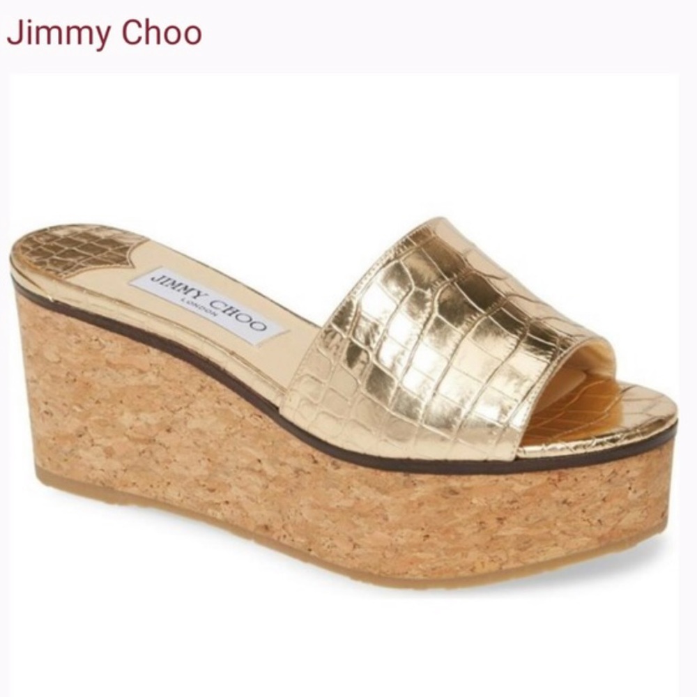 Jimmy choo Gold Metallic Crocodile Embossed Platform Slip On Sandals